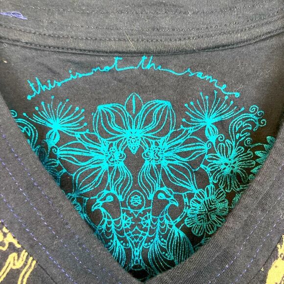 Desigual Navy and Mixed Patterned Long Sleeve Top includes velvet bling daisy - Picture 9 of 13